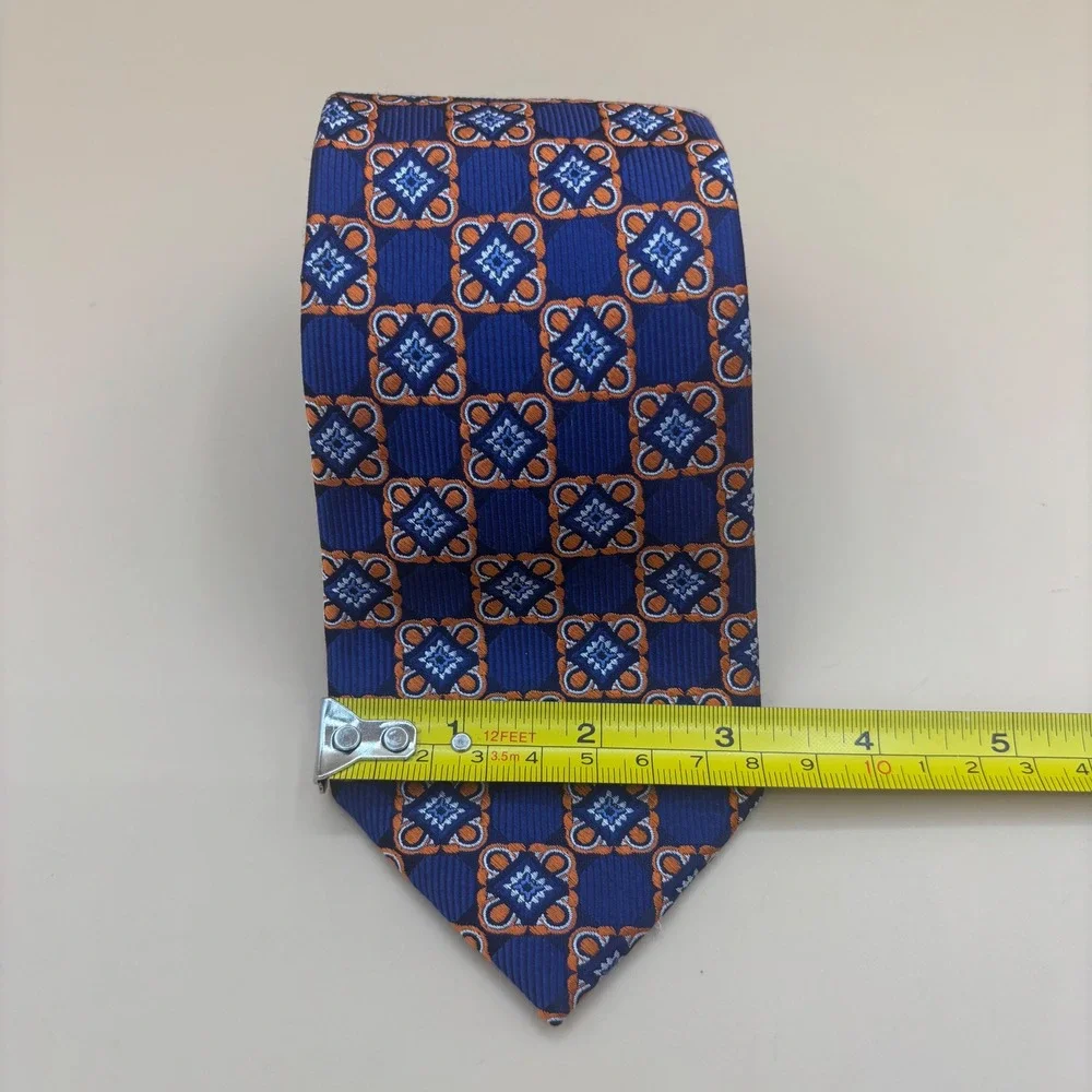 Jos A Bank Signature Mens Silk Tie Blue Orange Geometric Medallion Silk Necktie
